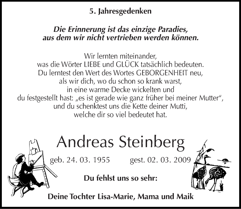  Traueranzeige für Andreas Steinberg vom 03.03.2014 aus Mitteldeutsche Zeitung Köthen