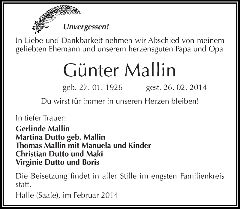  Traueranzeige für Günter Mallin vom 08.03.2014 aus Mitteldeutsche Zeitung Halle/Saalkreis