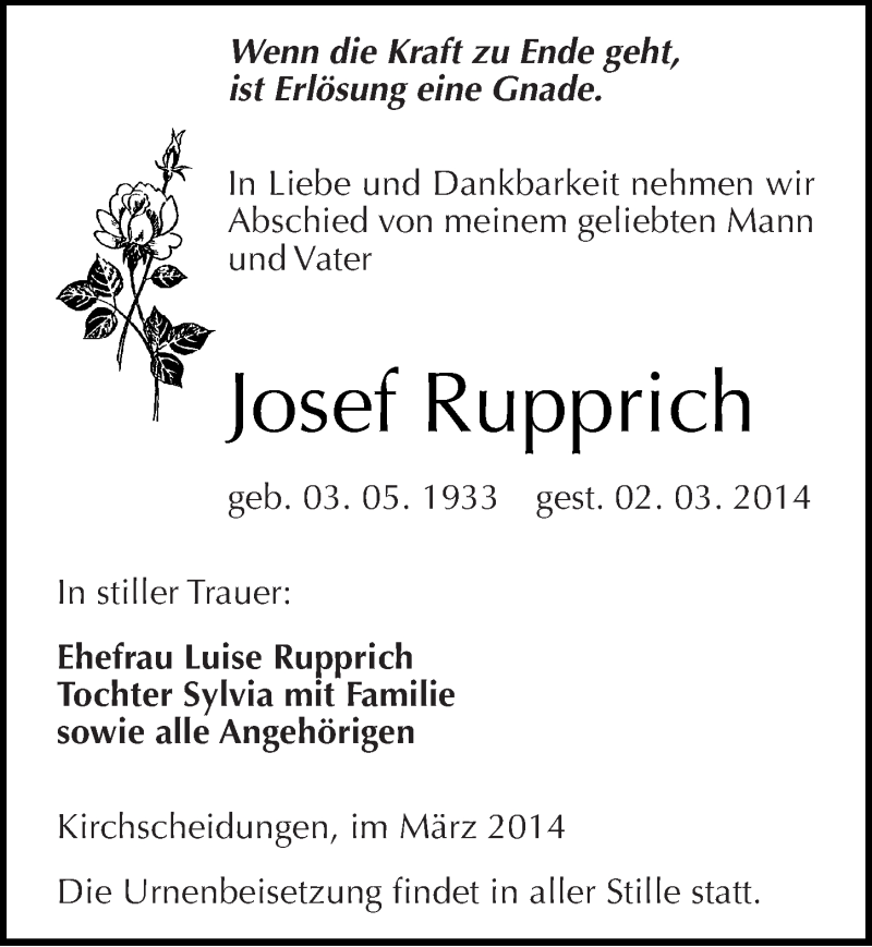  Traueranzeige für Josef Rupprich vom 05.03.2014 aus Mitteldeutsche Zeitung Naumburg/Nebra