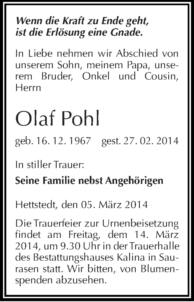  Traueranzeige für Olaf Pohl vom 05.03.2014 aus Mitteldeutsche Zeitung Mansfelder Land