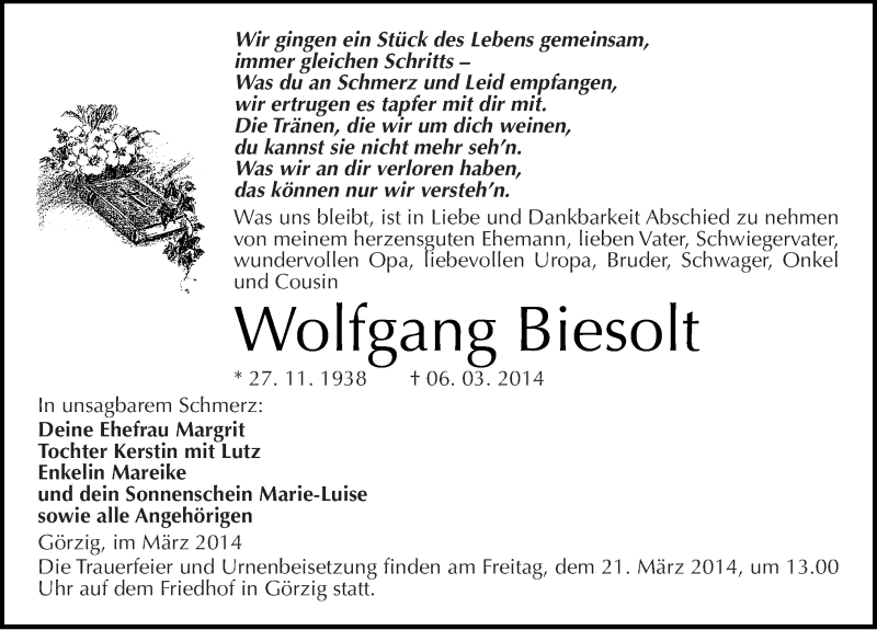  Traueranzeige für Wolfgang Biesolt vom 11.03.2014 aus Mitteldeutsche Zeitung Köthen