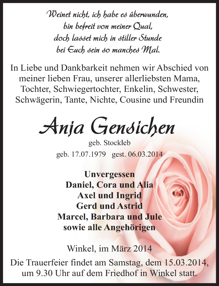  Traueranzeige für Anja Gensichen vom 11.03.2014 aus Mitteldeutsche Zeitung Sangerhausen