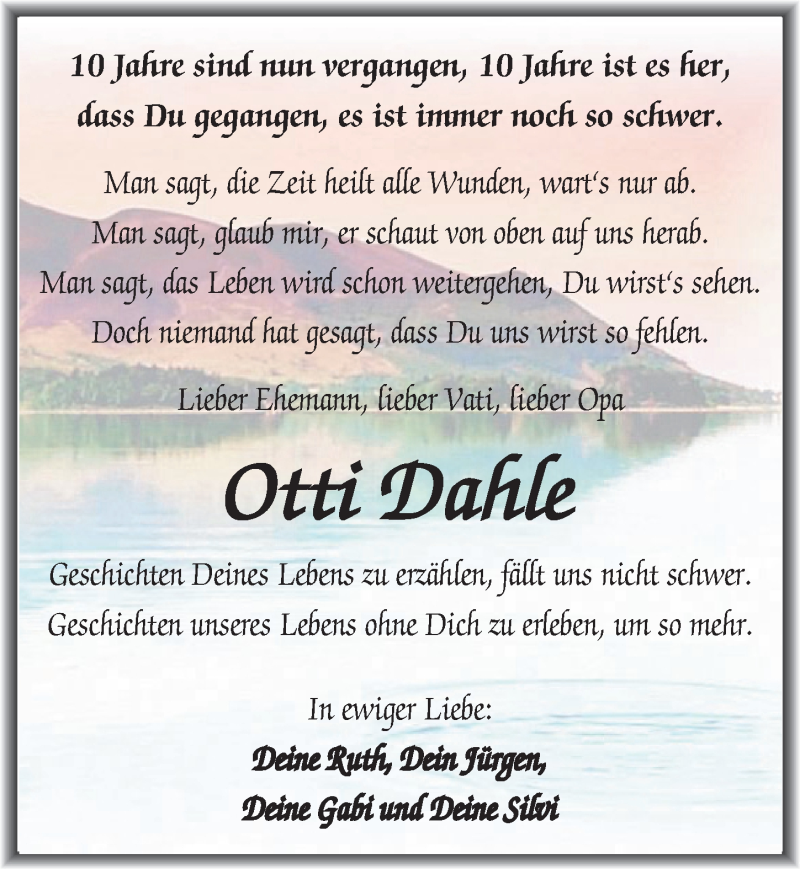  Traueranzeige für Otti Dahle vom 19.03.2014 aus Mitteldeutsche Zeitung Merseburg/Querfurt