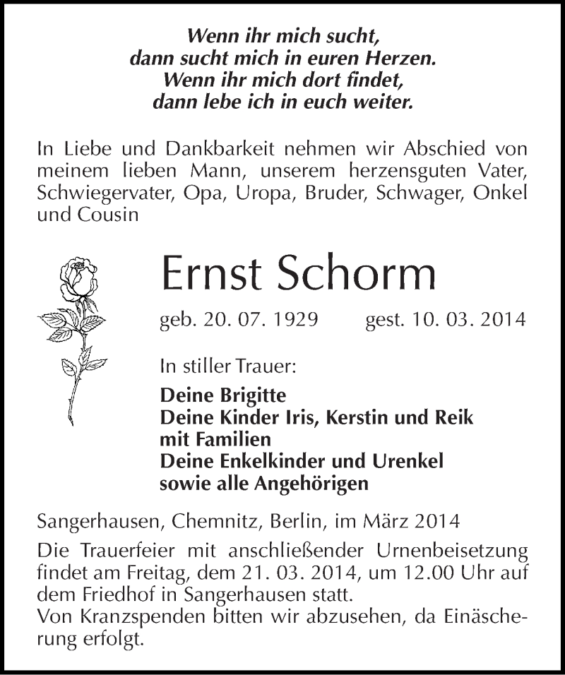  Traueranzeige für Ernst Schorm vom 15.03.2014 aus Mitteldeutsche Zeitung Sangerhausen