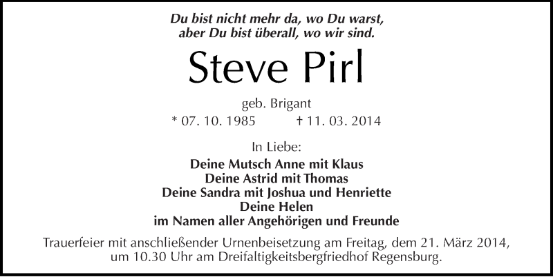  Traueranzeige für Steve Pirl vom 15.03.2014 aus Mitteldeutsche Zeitung Aschersleben
