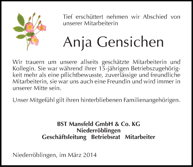  Traueranzeige für Anja Gensichen vom 21.03.2014 aus Mitteldeutsche Zeitung Sangerhausen