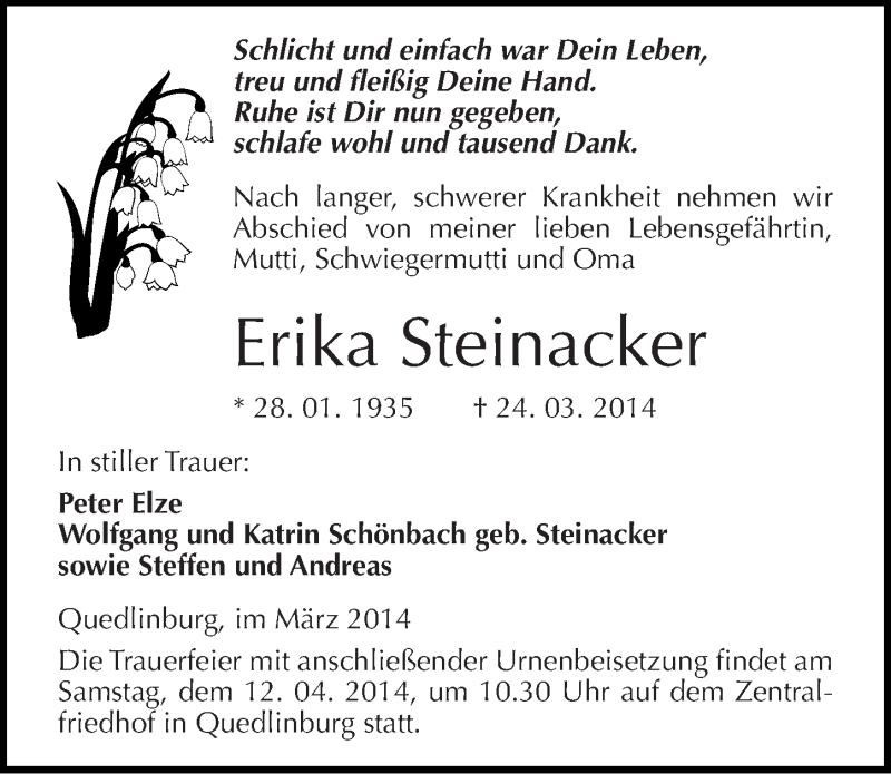  Traueranzeige für Erika Steinacker vom 29.03.2014 aus Mitteldeutsche Zeitung Quedlinburg
