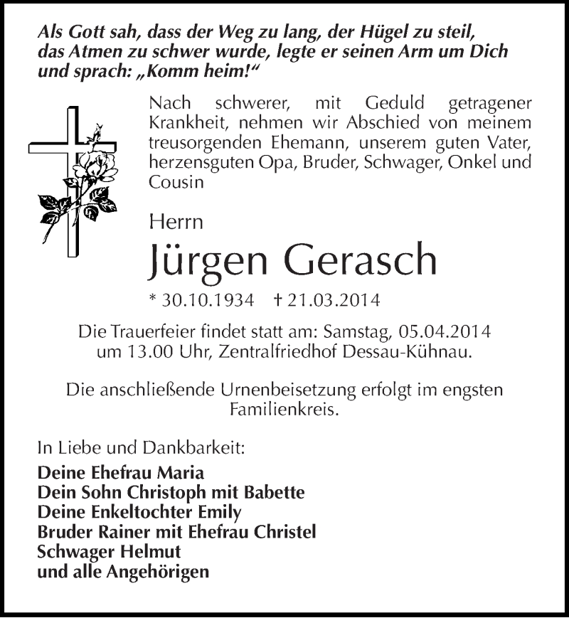  Traueranzeige für Jürgen Gerasch vom 29.03.2014 aus Mitteldeutsche Zeitung Dessau-Roßlau