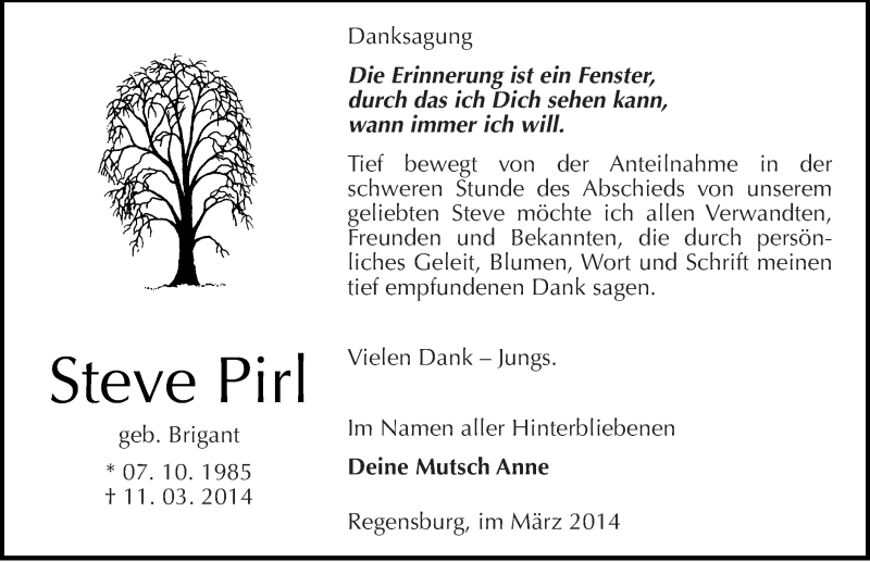  Traueranzeige für Steve Pirl vom 29.03.2014 aus Mitteldeutsche Zeitung Aschersleben