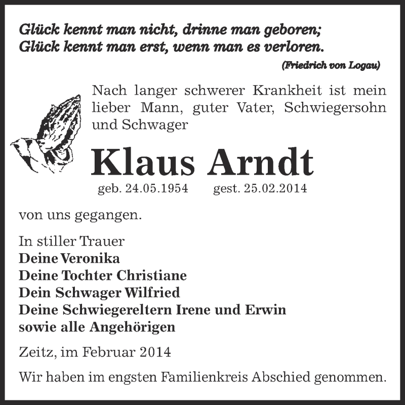  Traueranzeige für Klaus Arndt vom 02.03.2014 aus Super Sonntag Zeitz