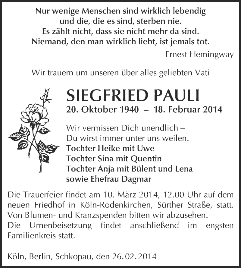  Traueranzeige für Siegfried Pauli vom 02.03.2014 aus Super Sonntag Merseburg
