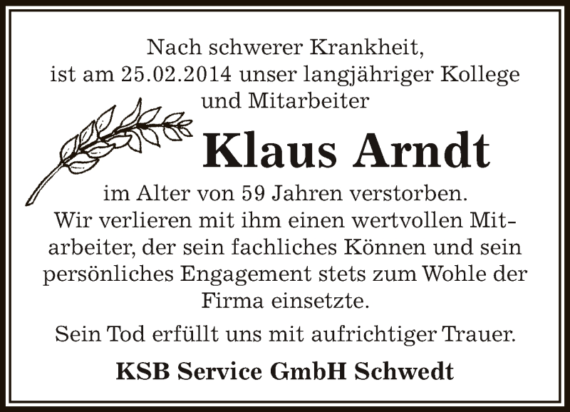 Traueranzeige für Klaus Arndt vom 02.03.2014 aus Super Sonntag Zeitz
