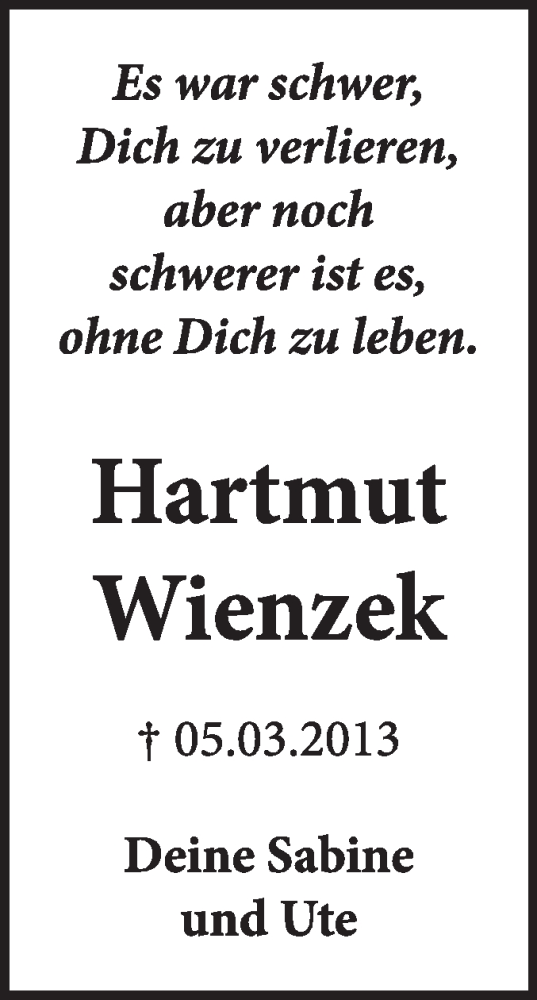  Traueranzeige für Hartmut Wienzek vom 05.03.2014 aus Super Sonntag Wittenberg