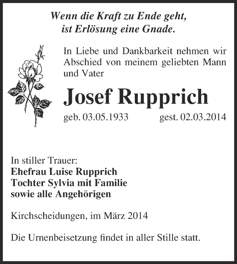  Traueranzeige für Josef Rupprich vom 12.03.2014 aus WVG - Wochenspiegel NMB / WSF / ZTZ