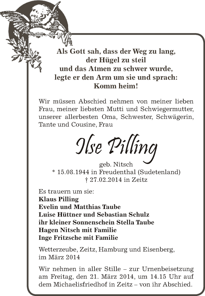  Traueranzeige für Ilse Pilling vom 09.03.2014 aus Super Sonntag Zeitz
