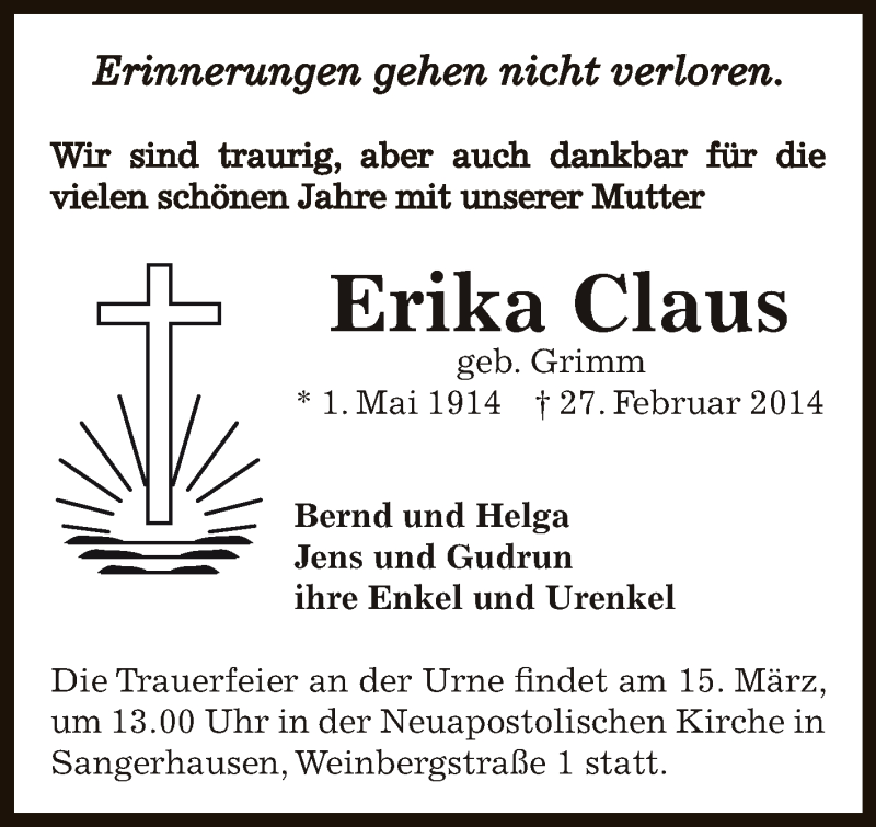  Traueranzeige für Erika Claus vom 09.03.2014 aus Super Sonntag SGH Mansf. Land