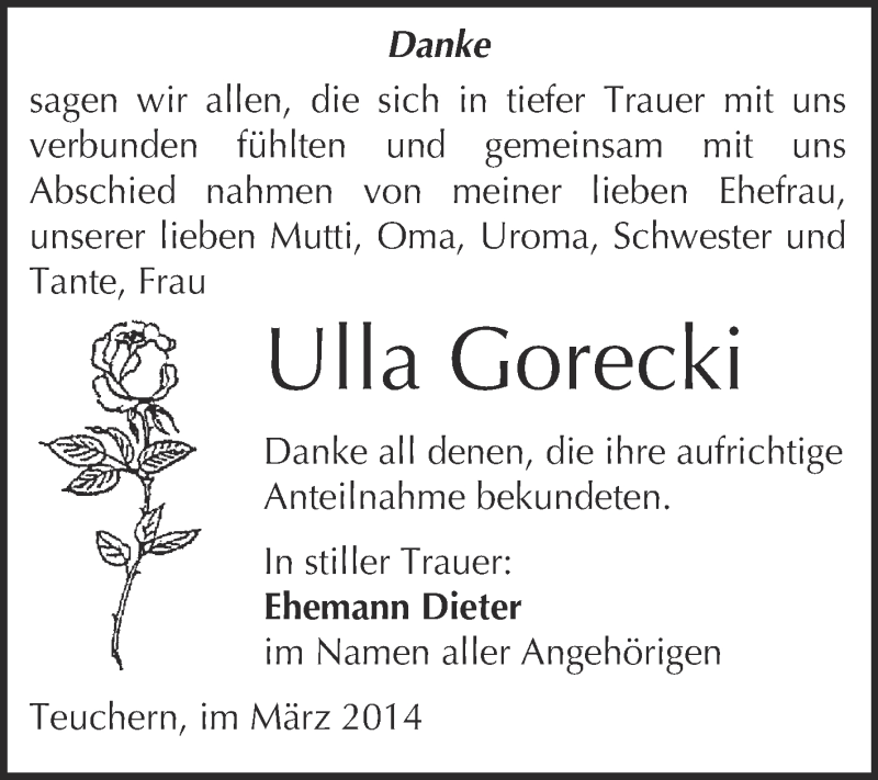 Traueranzeige für Ulla Gorecki vom 19.03.2014 aus WVG - Wochenspiegel NMB / WSF / ZTZ