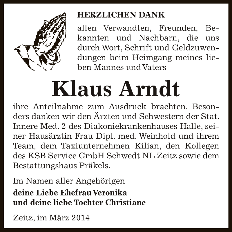  Traueranzeige für Klaus Arndt vom 16.03.2014 aus Super Sonntag Zeitz