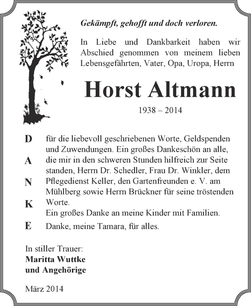  Traueranzeige für Horst Altmann vom 26.03.2014 aus WVG - Wochenspiegel NMB / WSF / ZTZ