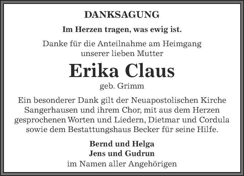  Traueranzeige für Erika Claus vom 23.03.2014 aus Super Sonntag SGH Mansf. Land
