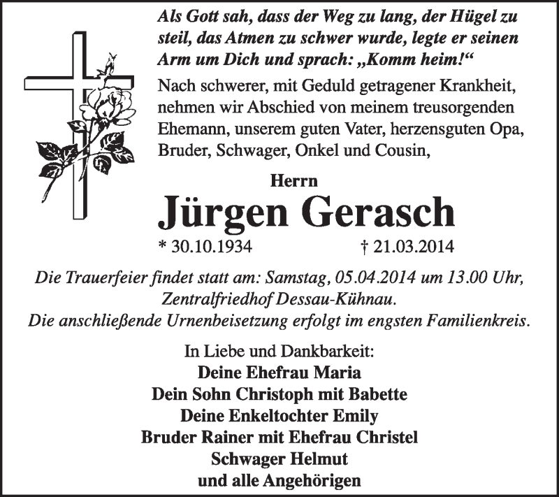  Traueranzeige für Jürgen Gerasch vom 30.03.2014 aus Super Sonntag Dessau / Köthen