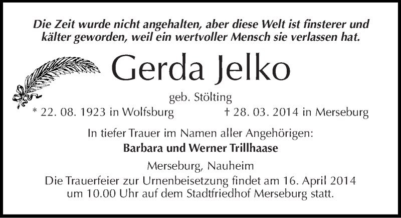  Traueranzeige für Gerda Jelko vom 05.04.2014 aus Mitteldeutsche Zeitung