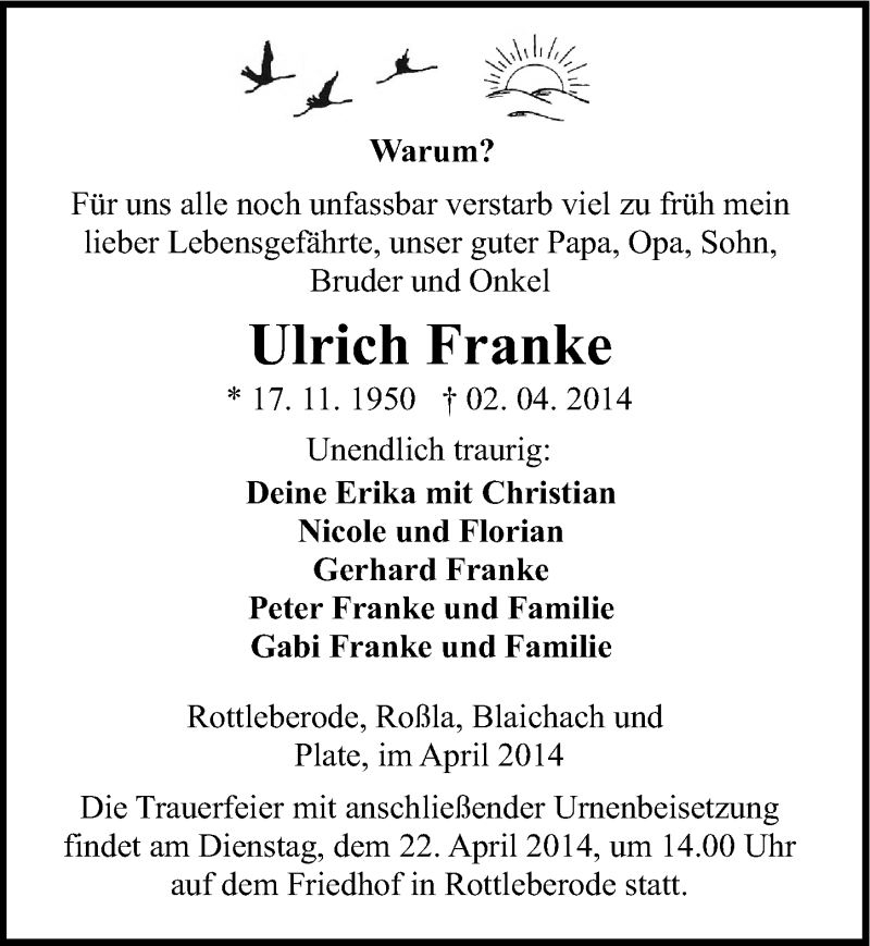  Traueranzeige für Ulrich Franke vom 10.04.2014 aus Mitteldeutsche Zeitung Sangerhausen