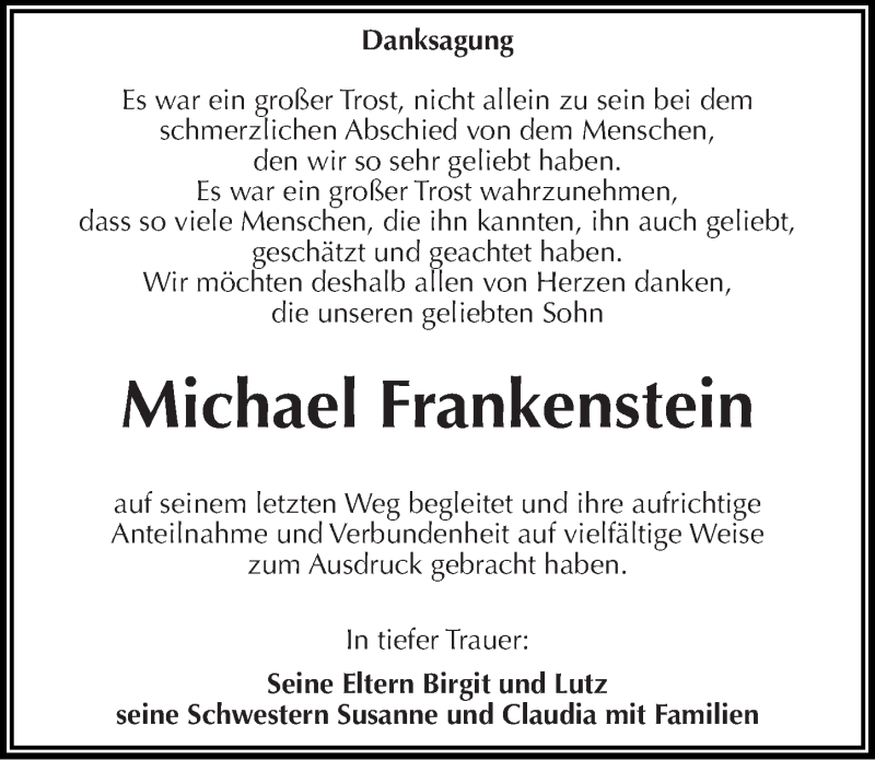  Traueranzeige für Michael Frankenstein vom 12.04.2014 aus Mitteldeutsche Zeitung Halle/Saalkreis