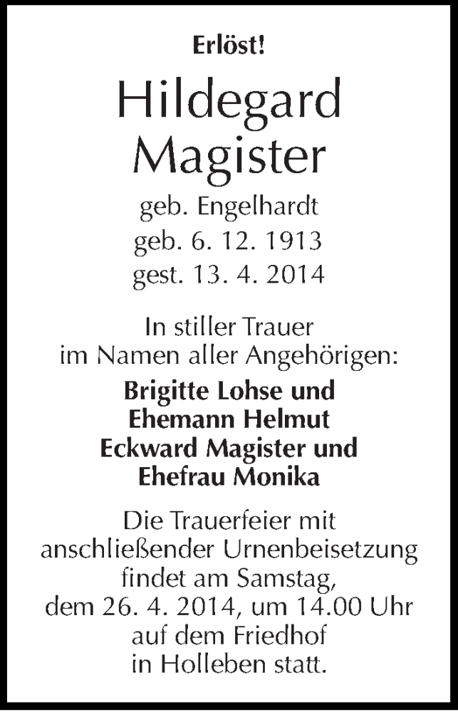  Traueranzeige für Hildegard Magister vom 19.04.2014 aus Mitteldeutsche Zeitung Halle/Saalkreis