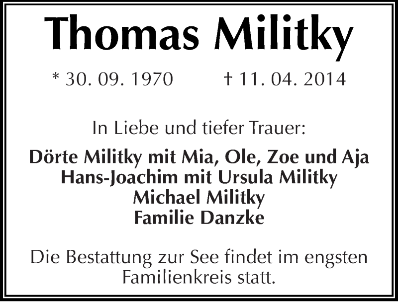  Traueranzeige für Thomas Militky vom 19.04.2014 aus Mitteldeutsche Zeitung Halle/Saalkreis