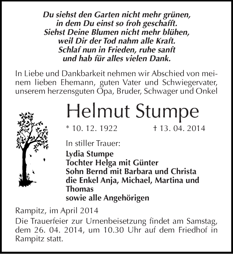  Traueranzeige für Helmut Stumpe vom 19.04.2014 aus Mitteldeutsche Zeitung Merseburg/Querfurt