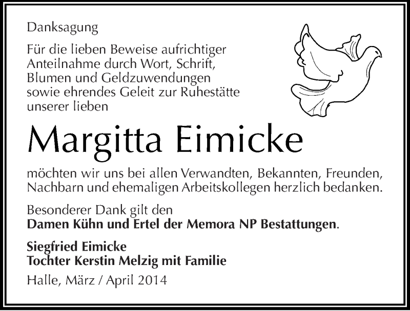 Traueranzeige für Margitta Eimicke vom 19.04.2014 aus Mitteldeutsche Zeitung Halle/Saalkreis