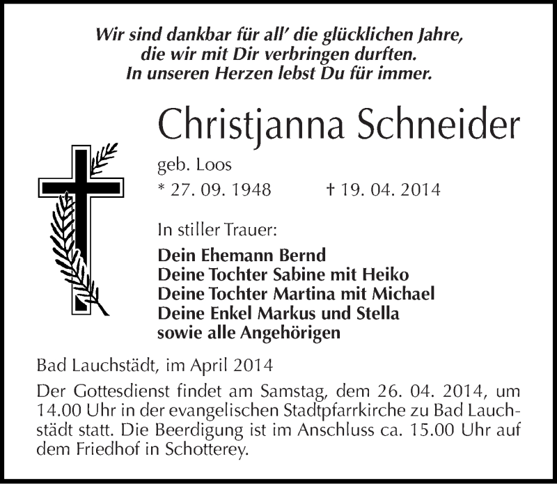  Traueranzeige für Christjanna Schneider vom 23.04.2014 aus Mitteldeutsche Zeitung Merseburg/Querfurt