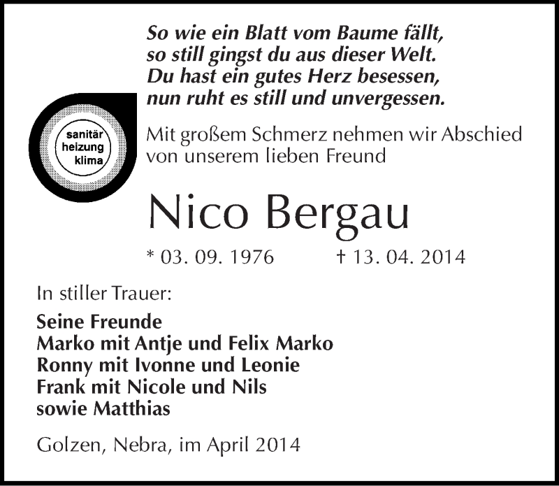  Traueranzeige für Nico Bergau vom 23.04.2014 aus Mitteldeutsche Zeitung Naumburg/Nebra