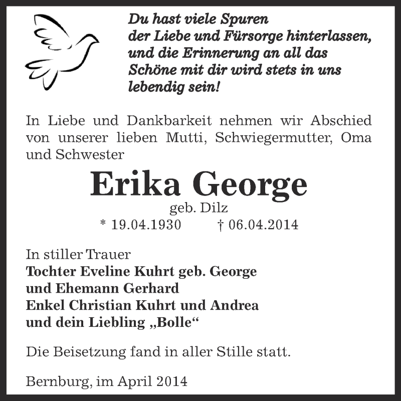  Traueranzeige für Erika George vom 13.04.2014 aus Super Sonntag Bernburg