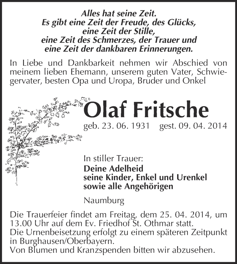  Traueranzeige für Olaf Fritsche vom 23.04.2014 aus WVG - Wochenspiegel NMB / WSF / ZTZ