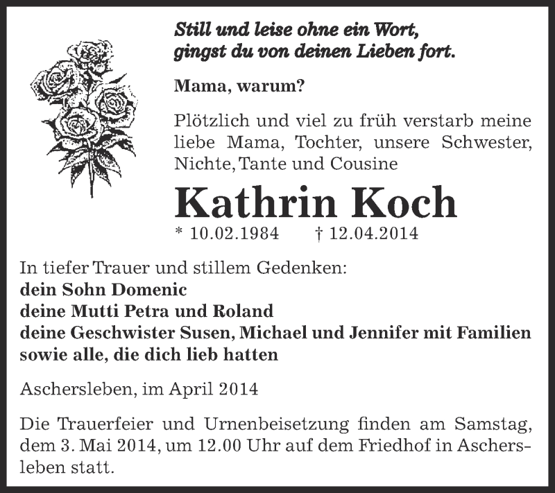  Traueranzeige für Kathrin Koch vom 23.04.2014 aus WVG - Wochenspiegel Aschersleben