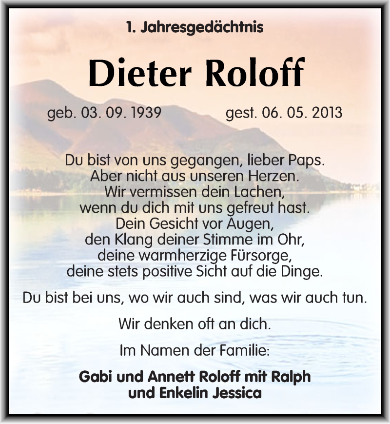  Traueranzeige für Dieter Roloff vom 06.05.2014 aus Mitteldeutsche Zeitung Halle/Saalkreis
