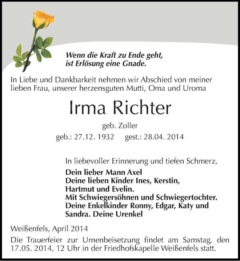  Traueranzeige für Irma Richter vom 10.05.2014 aus Mitteldeutsche Zeitung Weißenfels
