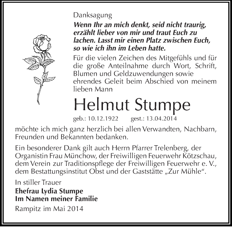  Traueranzeige für Helmut Stumpe vom 10.05.2014 aus Mitteldeutsche Zeitung Merseburg/Querfurt