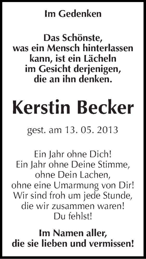  Traueranzeige für Kerstin Becker vom 13.05.2014 aus Mitteldeutsche Zeitung Sangerhausen