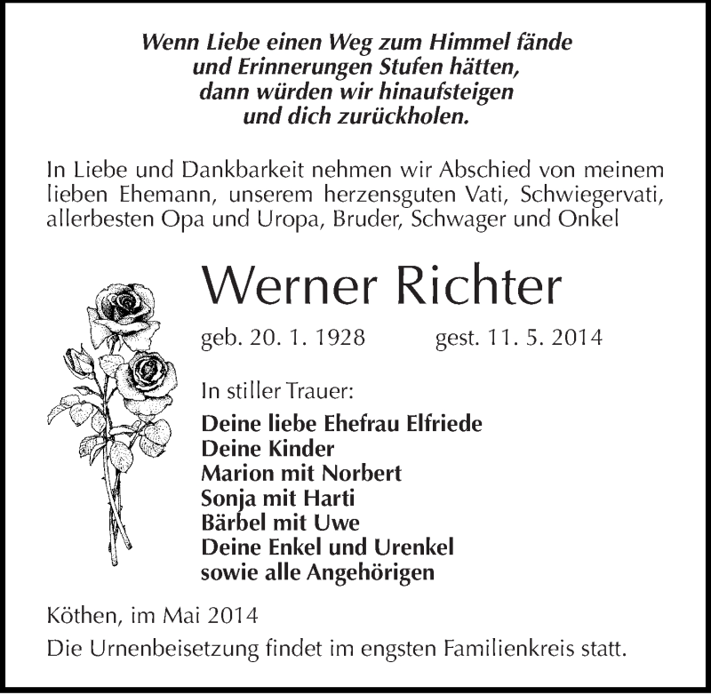  Traueranzeige für Werner Richter vom 14.05.2014 aus Mitteldeutsche Zeitung Köthen