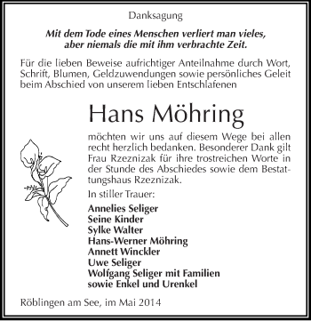 Traueranzeige von Hans Möhring von Mitteldeutsche Zeitung Mansfelder Land