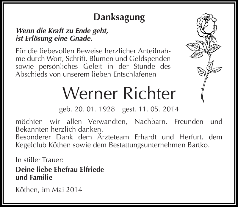  Traueranzeige für Werner Richter vom 31.05.2014 aus Mitteldeutsche Zeitung Köthen