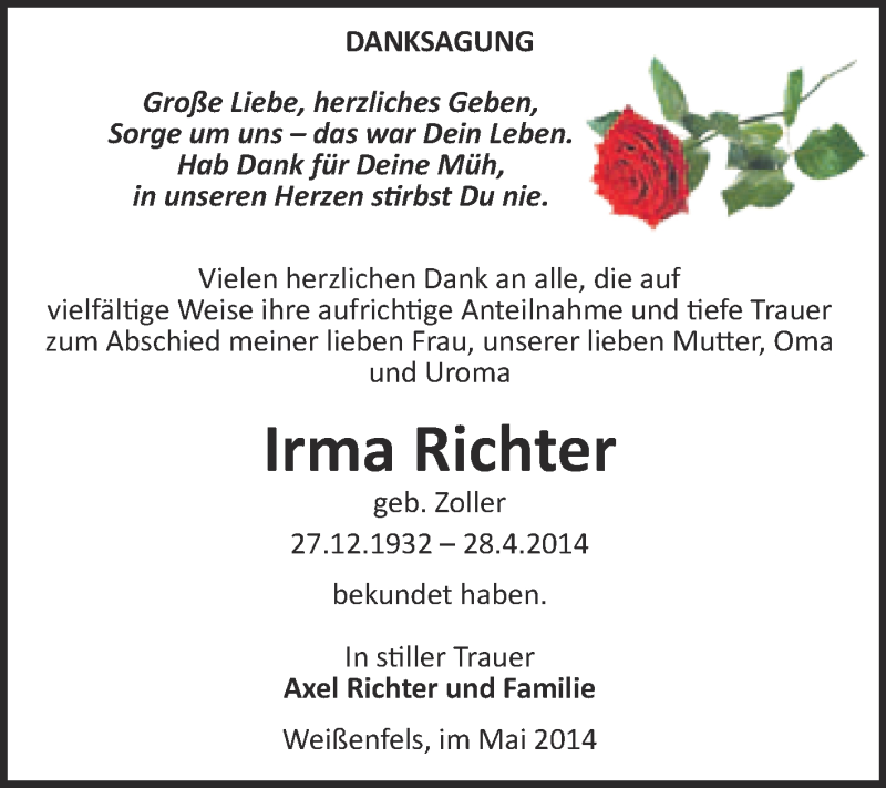  Traueranzeige für Irma Richter vom 28.05.2014 aus WVG - Wochenspiegel NMB / WSF / ZTZ