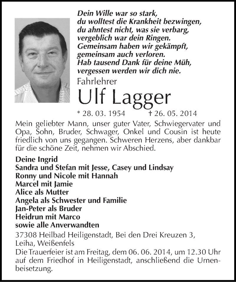  Traueranzeige für Ulf Lagger vom 03.06.2014 aus Mitteldeutsche Zeitung Merseburg/Querfurt