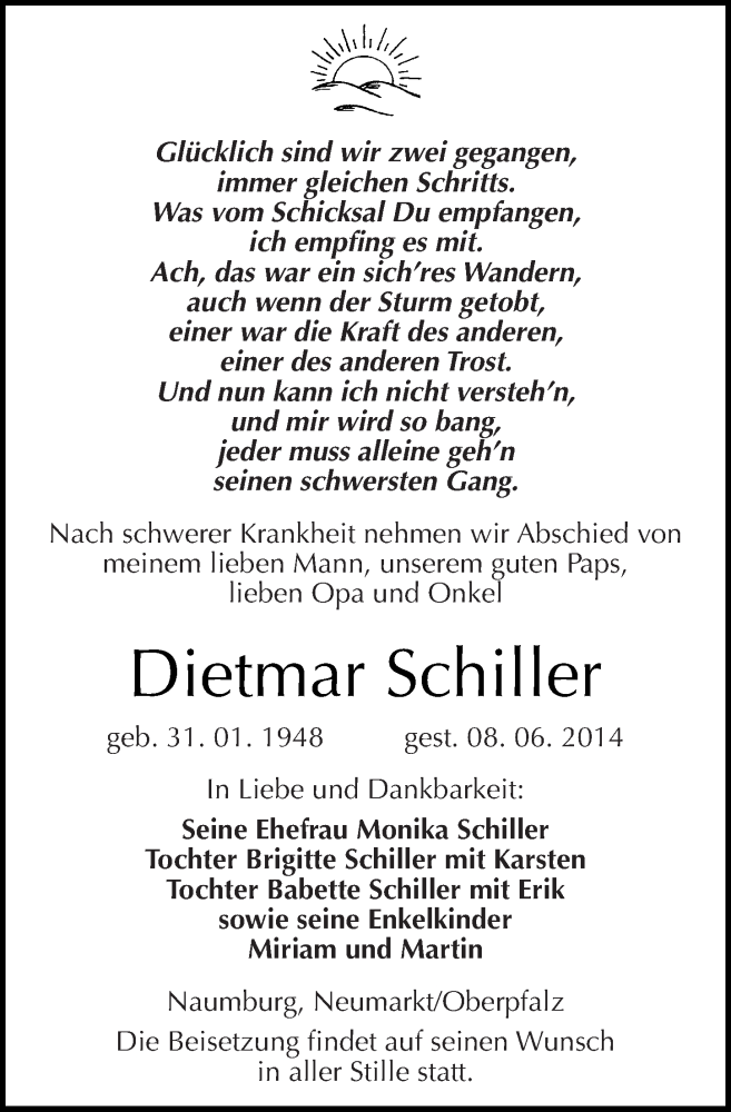  Traueranzeige für Dietmar Schiller vom 14.06.2014 aus Mitteldeutsche Zeitung Naumburg/Nebra