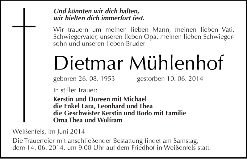  Traueranzeige für Dietmar Mühlenhof vom 12.06.2014 aus Mitteldeutsche Zeitung Weißenfels