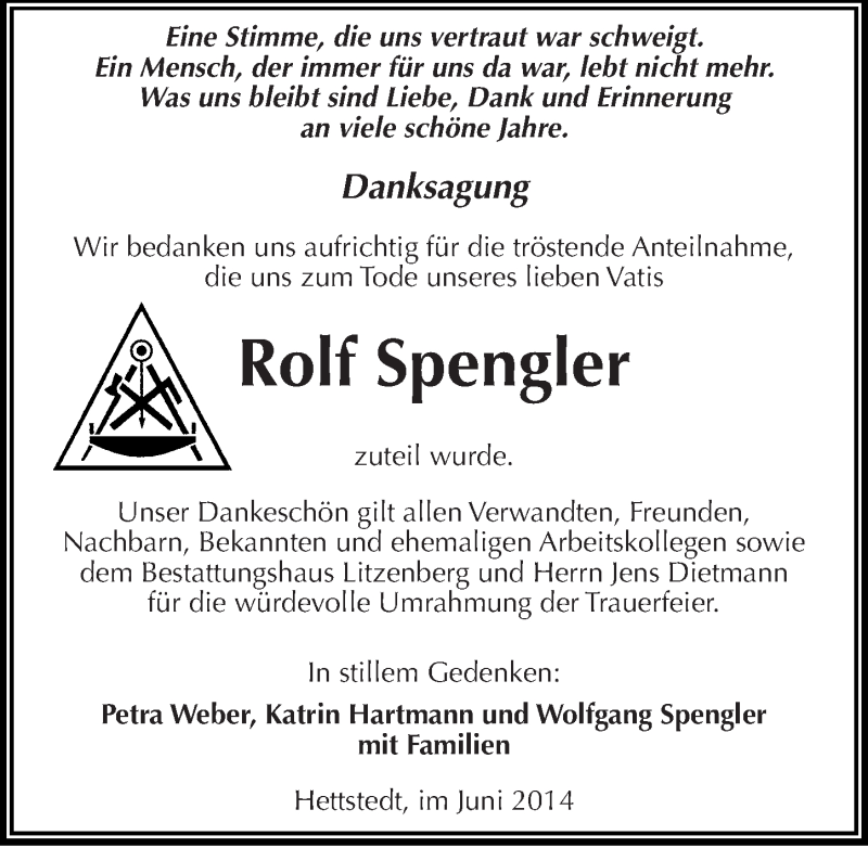  Traueranzeige für Rolf Spengler vom 21.06.2014 aus Mitteldeutsche Zeitung Mansfelder Land