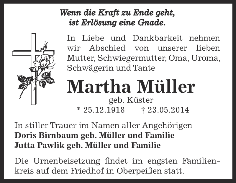  Traueranzeige für Martha Müller vom 01.06.2014 aus Super Sonntag Bernburg